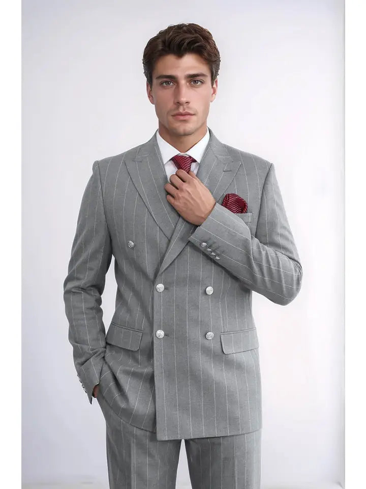 Pinstripe Double Breasted Men’S Grey Suit with Silver Button Details - Wessi