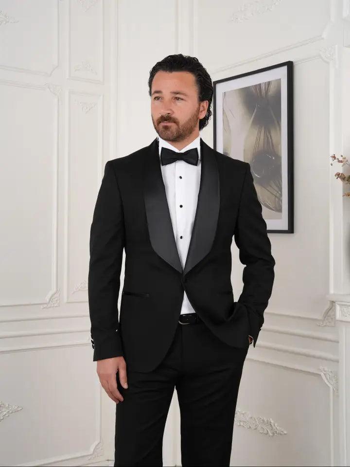 Men's Black Tuxedo Suit with Satin Shawl Lapel and Bow Tie