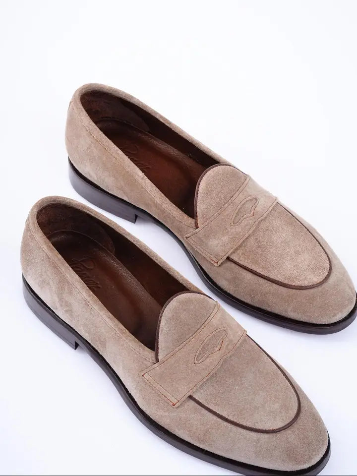 Men's Handmade Beige Suede Loafers For Formal Events