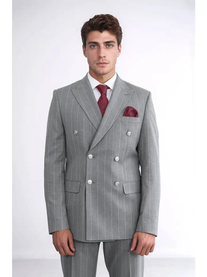 Pinstripe Double Breasted Men’S Grey Suit with Silver Button Details - Wessi
