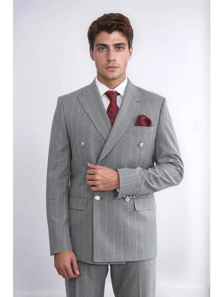 Pinstripe Double Breasted Men’S Grey Suit with Silver Button Details - Wessi