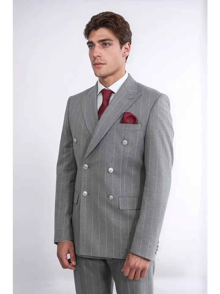 Pinstripe Double Breasted Men’S Grey Suit with Silver Button Details - Wessi