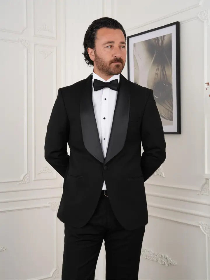 Men's Black Tuxedo Suit with Satin Shawl Lapel and Bow Tie