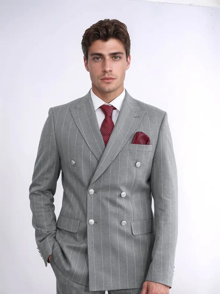 Pinstripe Double Breasted Men’S Grey Suit with Silver Button Details - Wessi