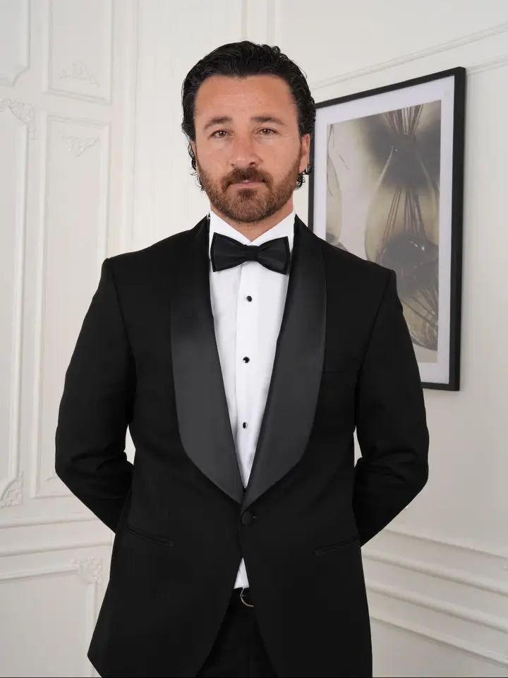 Men's Black Tuxedo Suit with Satin Shawl Lapel and Bow Tie