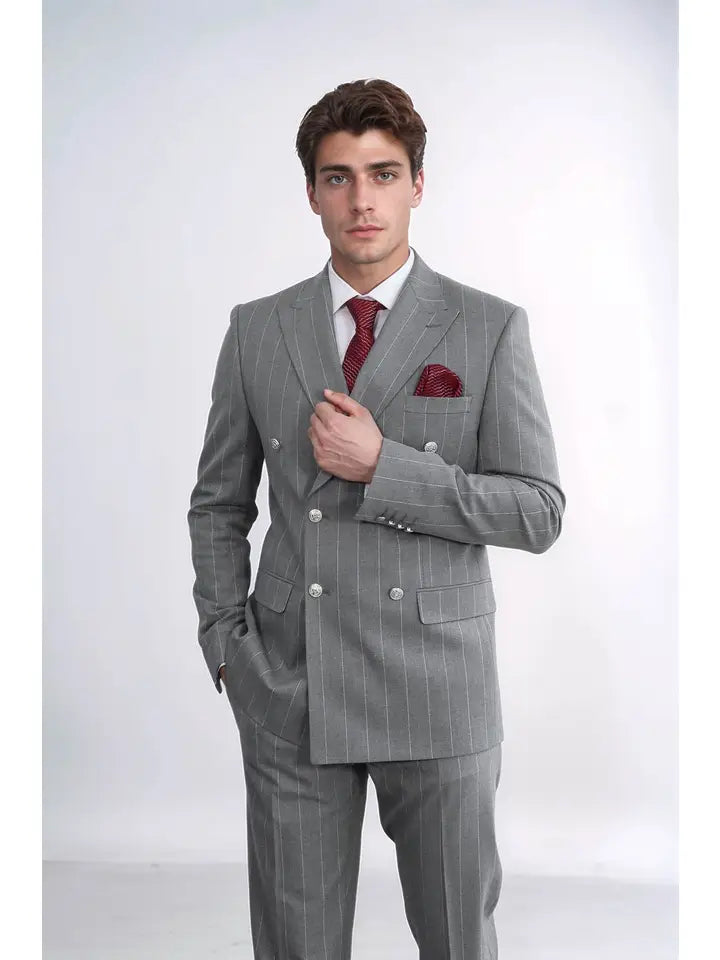 Pinstripe Double Breasted Men’S Grey Suit with Silver Button Details - Wessi