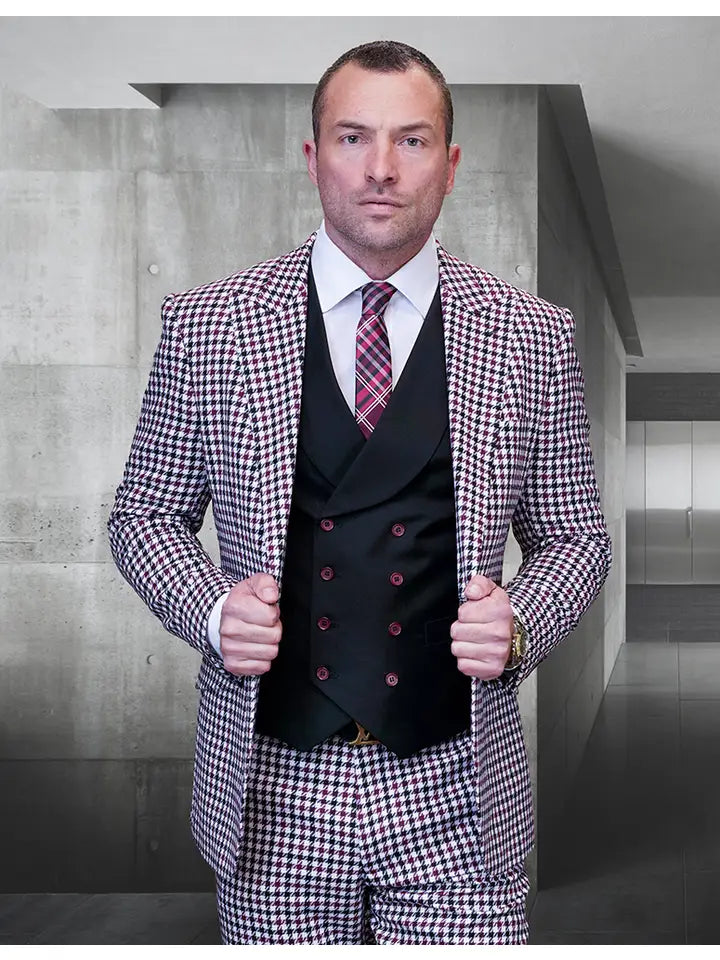 Masimo 3pc Plaid Men's Suit Set with Double Breasted Vest