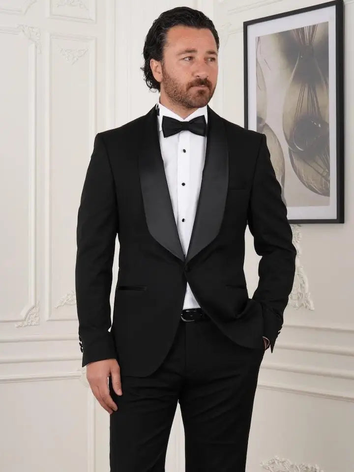 Men's Black Tuxedo Suit with Satin Shawl Lapel and Bow Tie