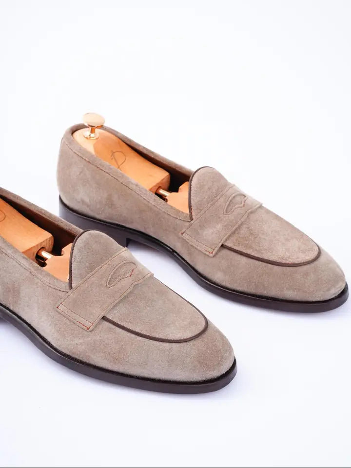 Men's Handmade Beige Suede Loafers For Formal Events