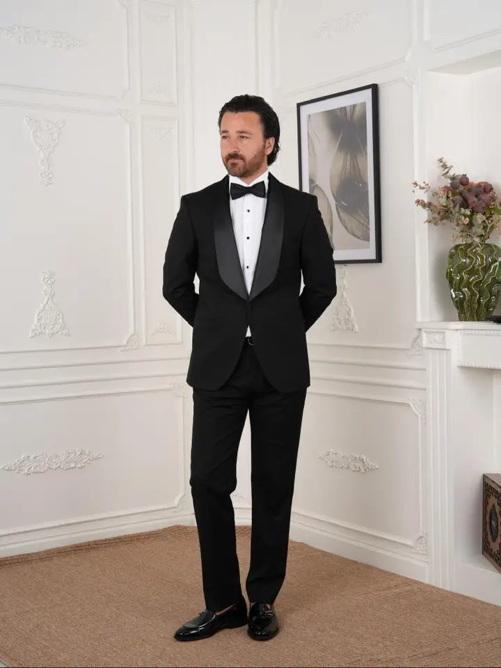 Men's Black Tuxedo Suit with Satin Shawl Lapel and Bow Tie