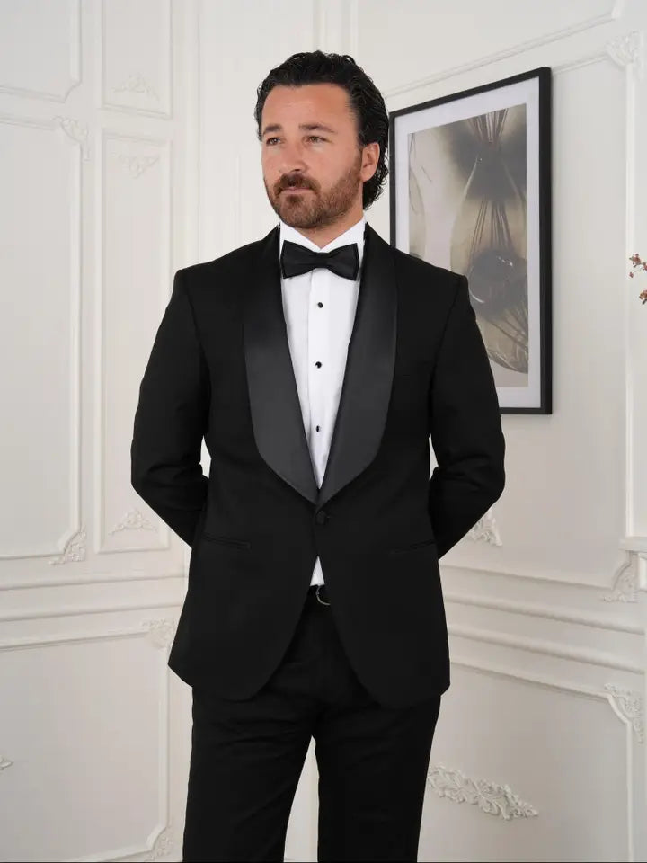 Men's Black Tuxedo Suit with Satin Shawl Lapel and Bow Tie